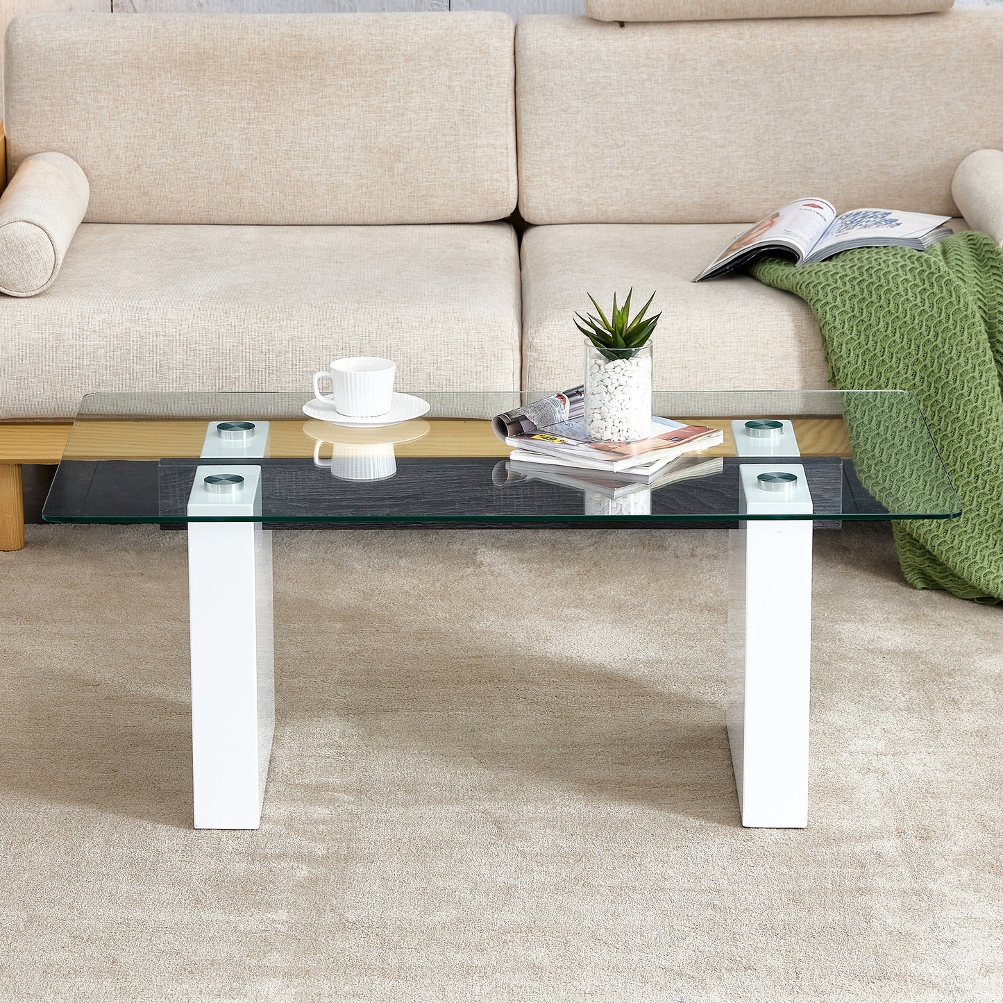 Sleek Glass & White Column Coffee Table