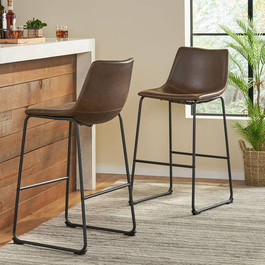 Chic Vintage Brown Faux Leather Barstools - Set of Two