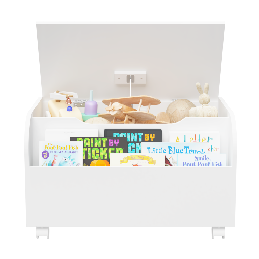 Whimsical Wooden Toy Chest with Wheels & Bookshelf