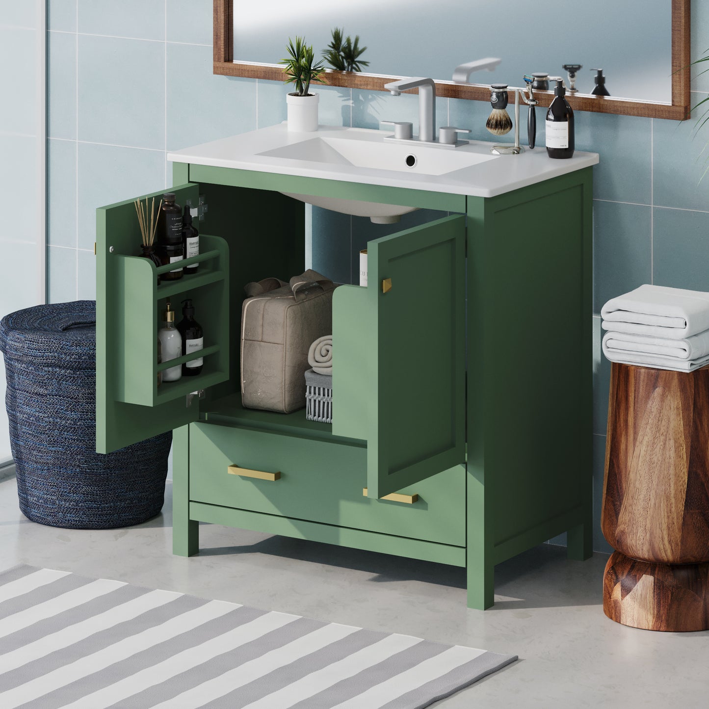 Chic Green Bathroom Vanity with Soft-Close Cabinet and Drawer