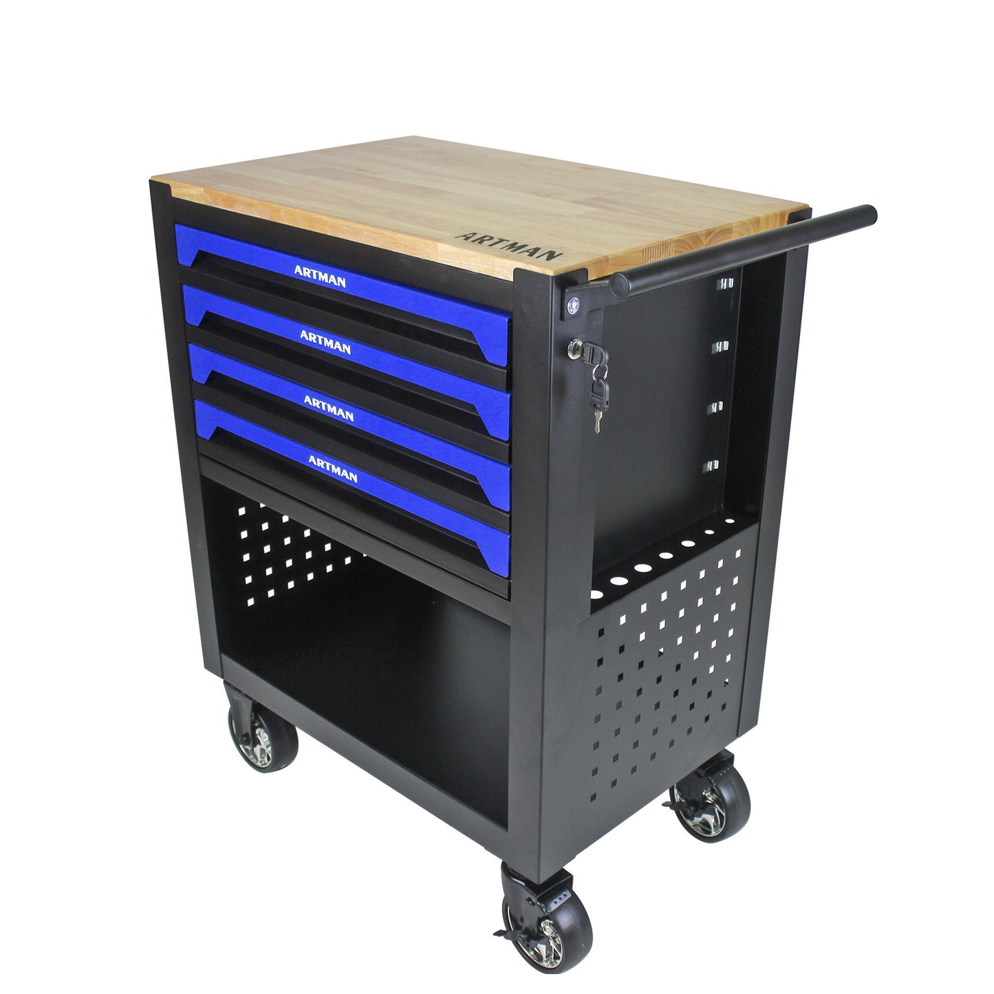 Blue Rolling Tool Cart with Wooden Top and 4 Drawers