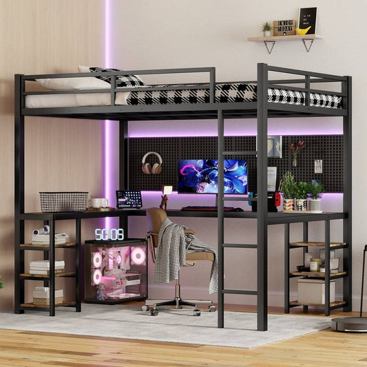 Cozy XL Black Loft Bed with Desk & Shelves