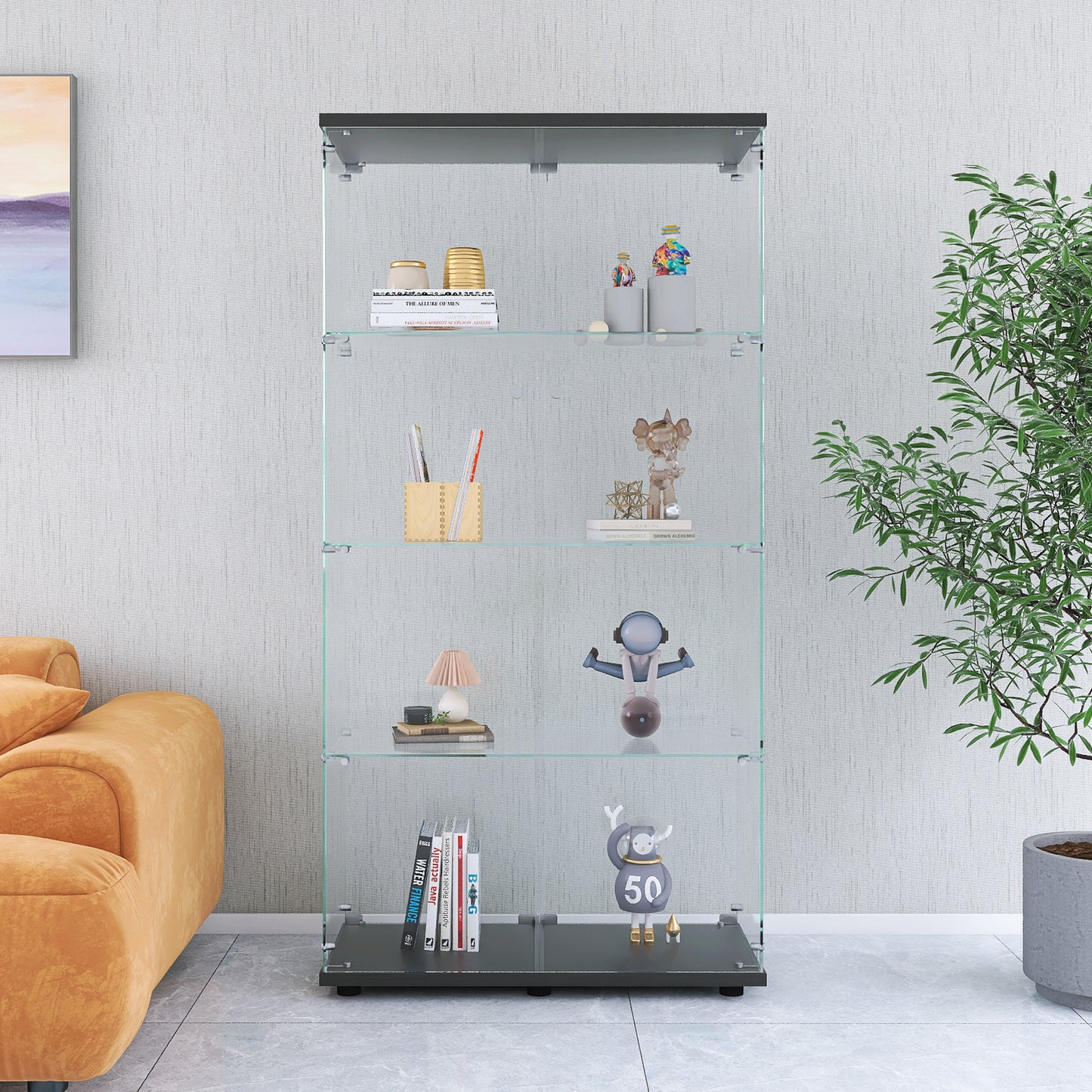 Stylish Black Glass Display Cabinet with 4 Shelves