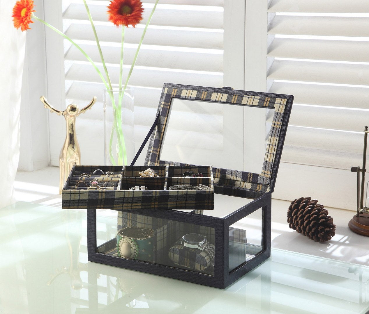 Chic Blue Glass & Leather Jewelry Box