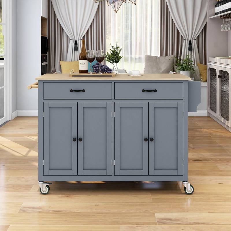 Rolling Kitchen Island with Wood Top and Storage