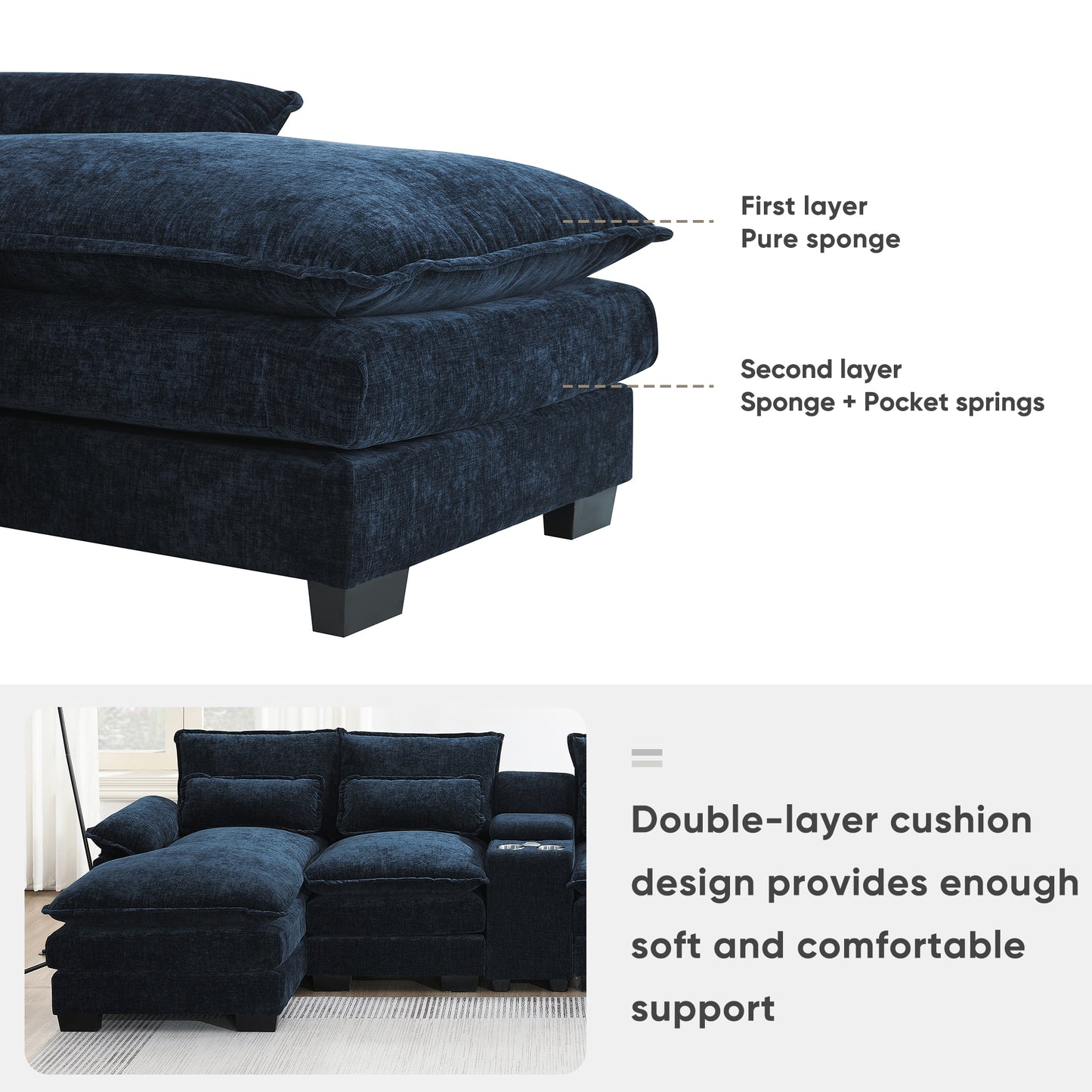 Cozy U-Shaped Sofa with USB and Cupholders