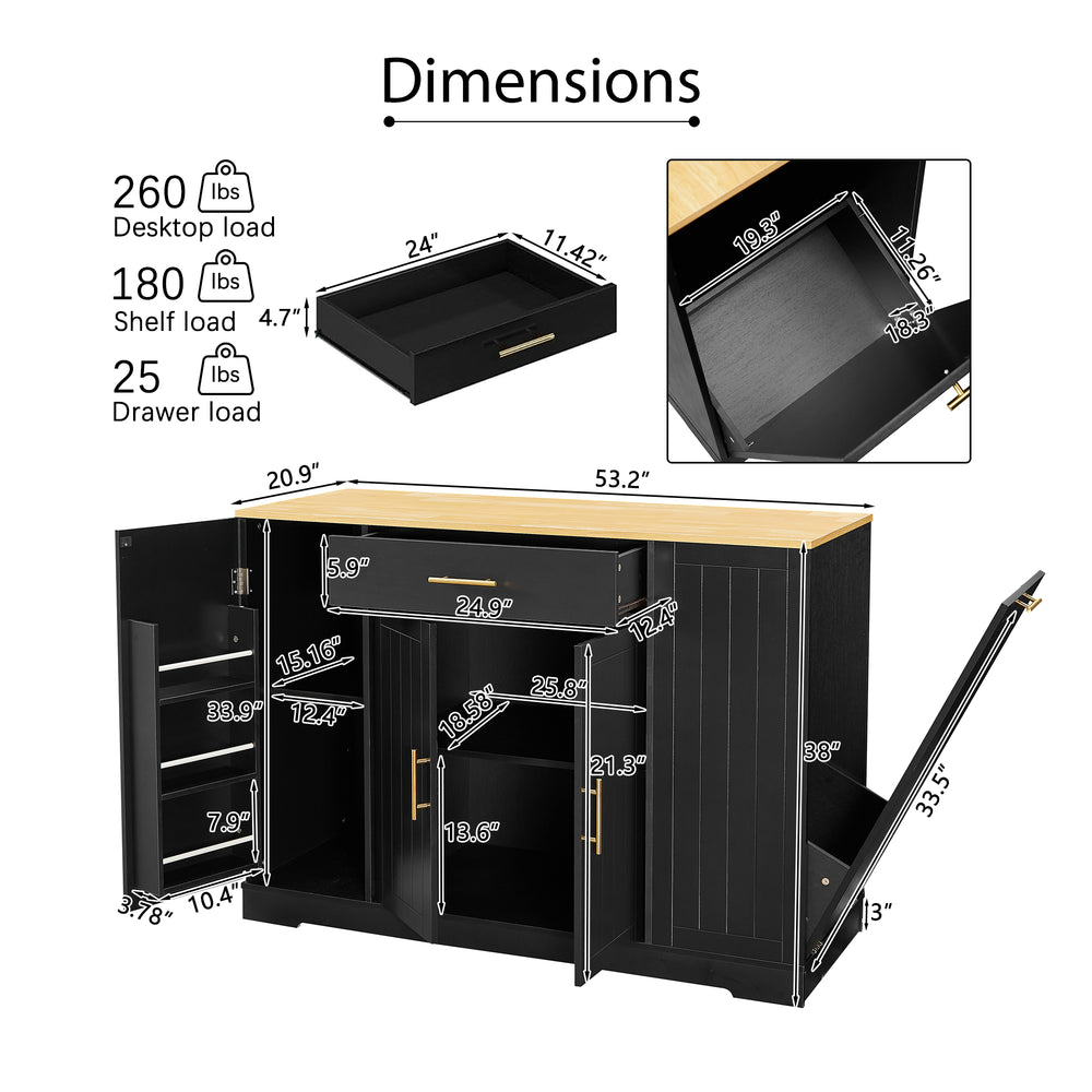 Stylish Kitchen Island with Trash Can Storage & Drawer