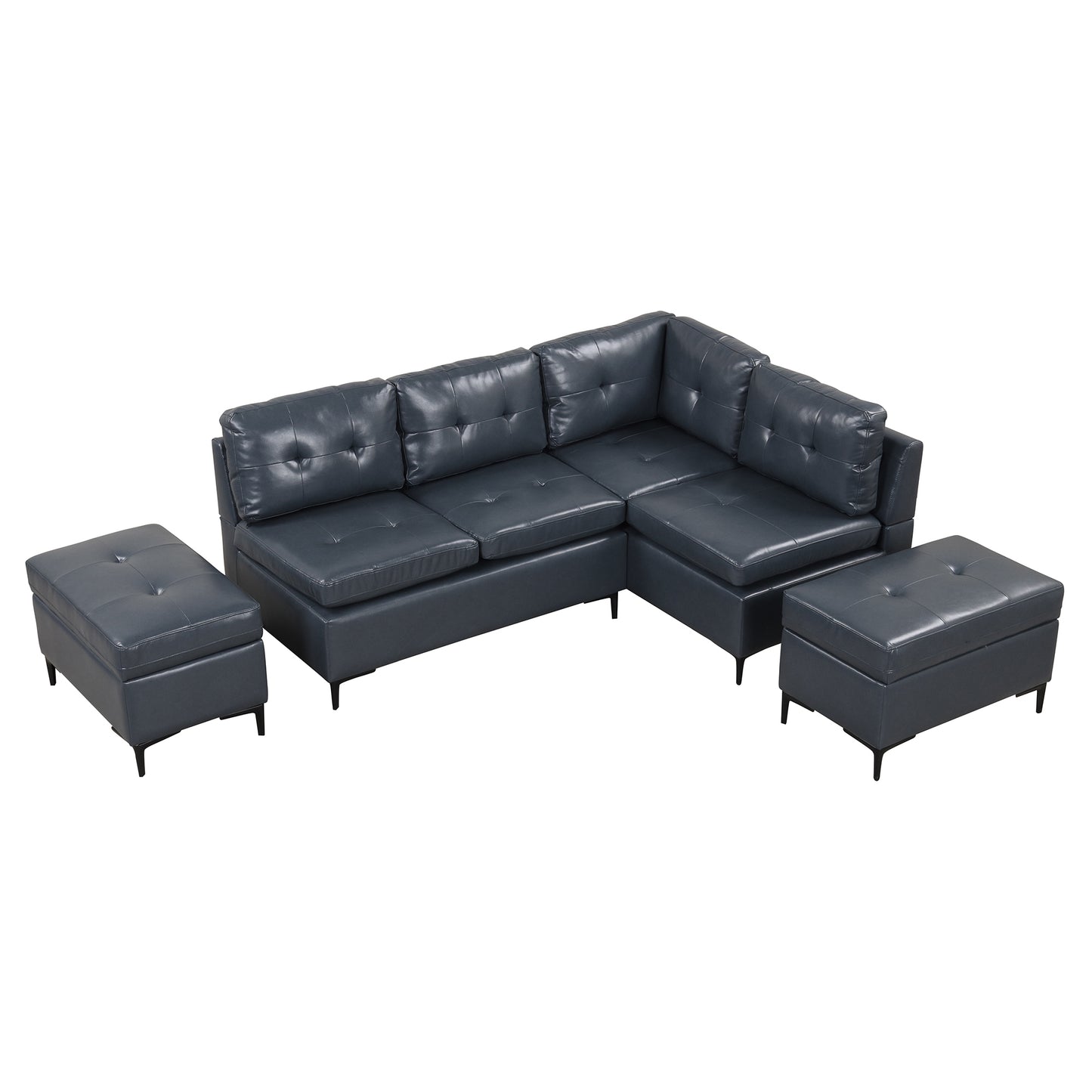 Cozy Blue L-Shaped Corner Sofa with Storage Ottomans