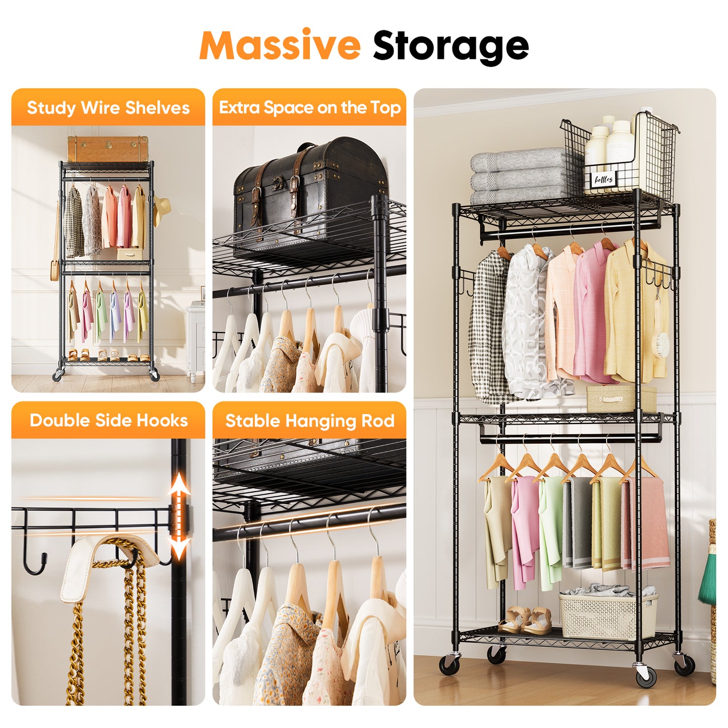 Versatile Rolling Clothes Rack with Adjustable Shelves & Hooks