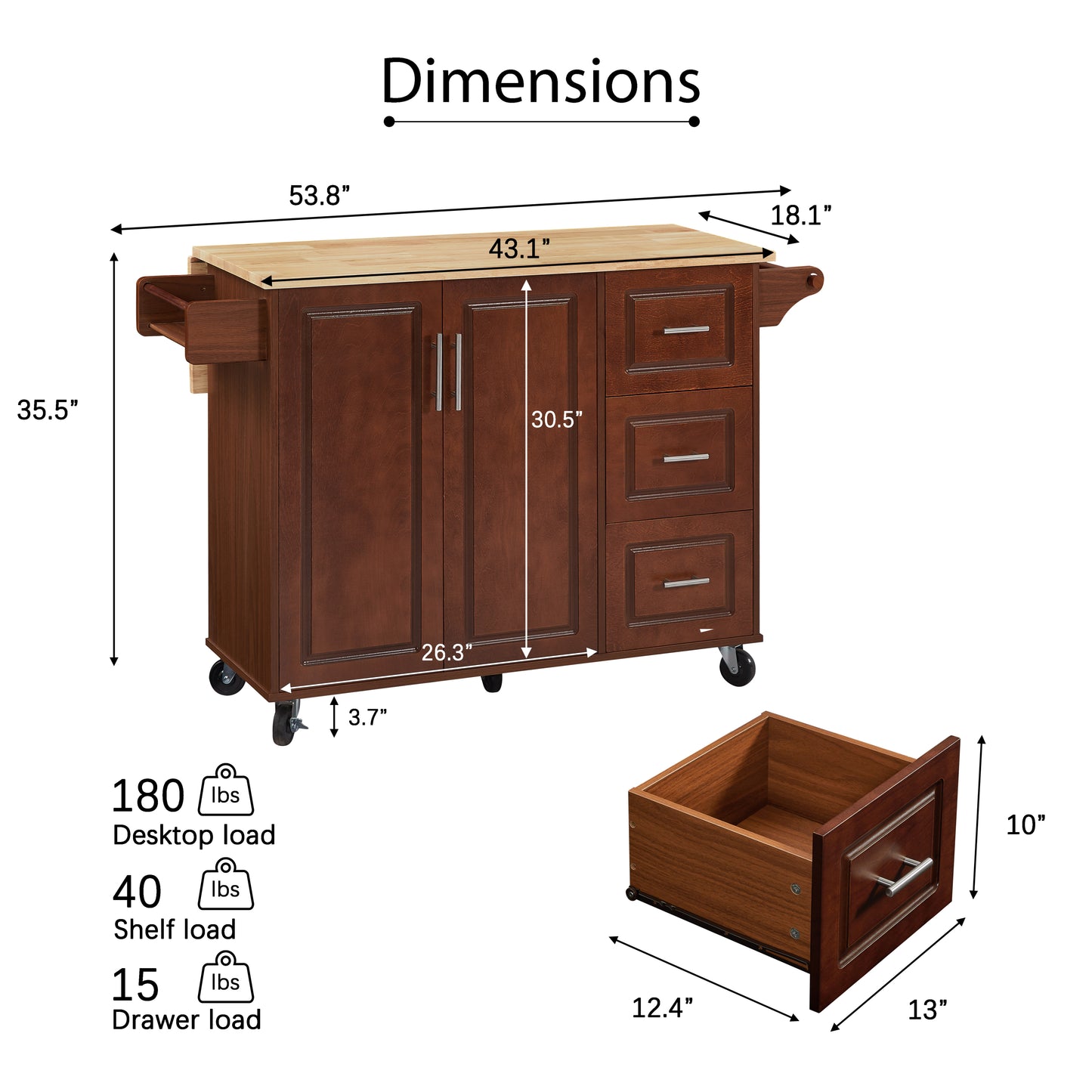 Rolling Retro Kitchen Island with Drop Leaf and Storage