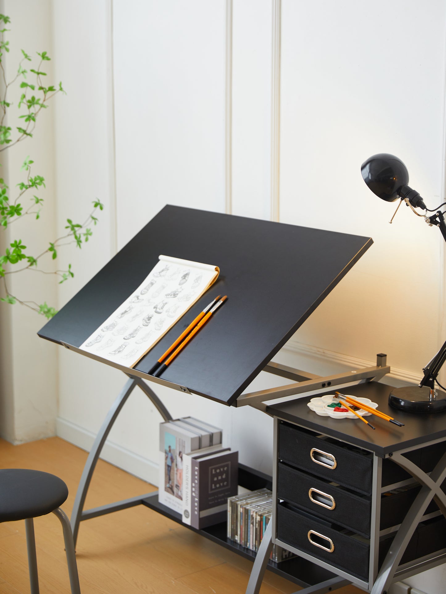 Sleek Drawing Desk with Stool