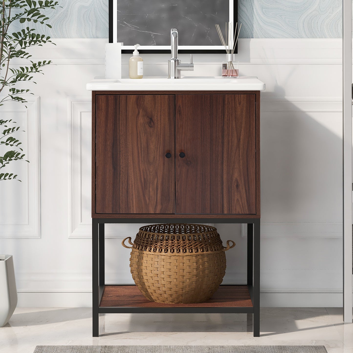 Chic Walnut Bathroom Vanity with Soft-Close Doors