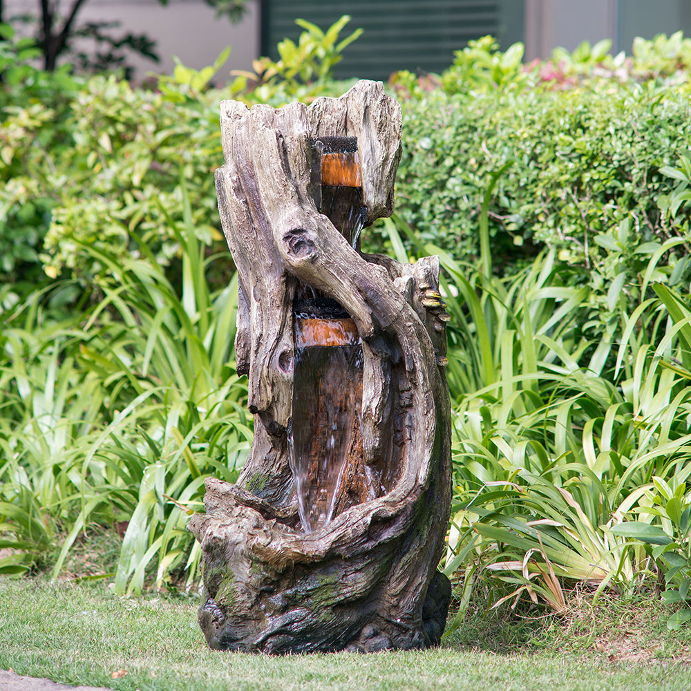 Rustic Tree Trunk Fountain with Light - Perfect for Your Garden