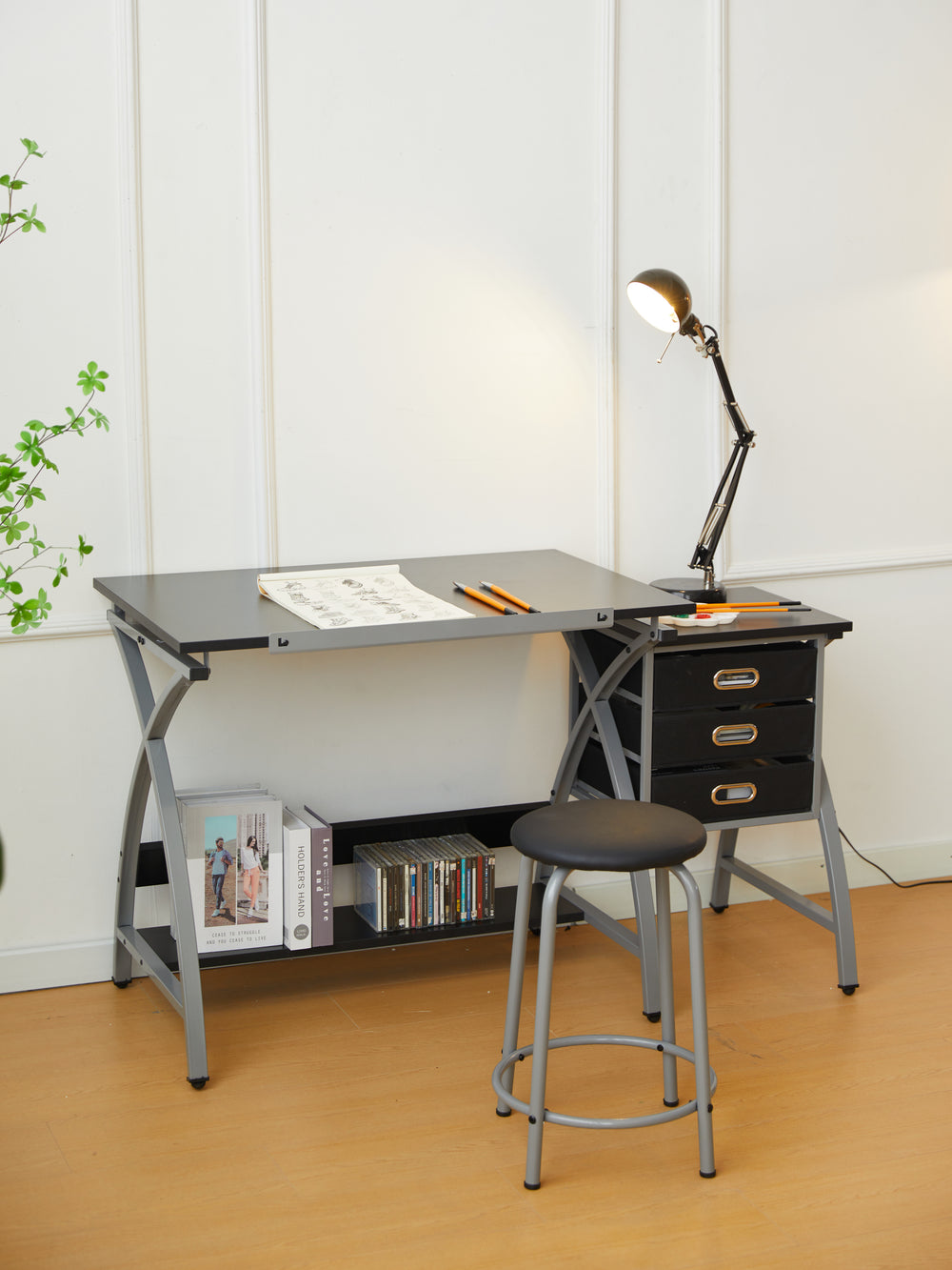 Sleek Drawing Desk with Stool