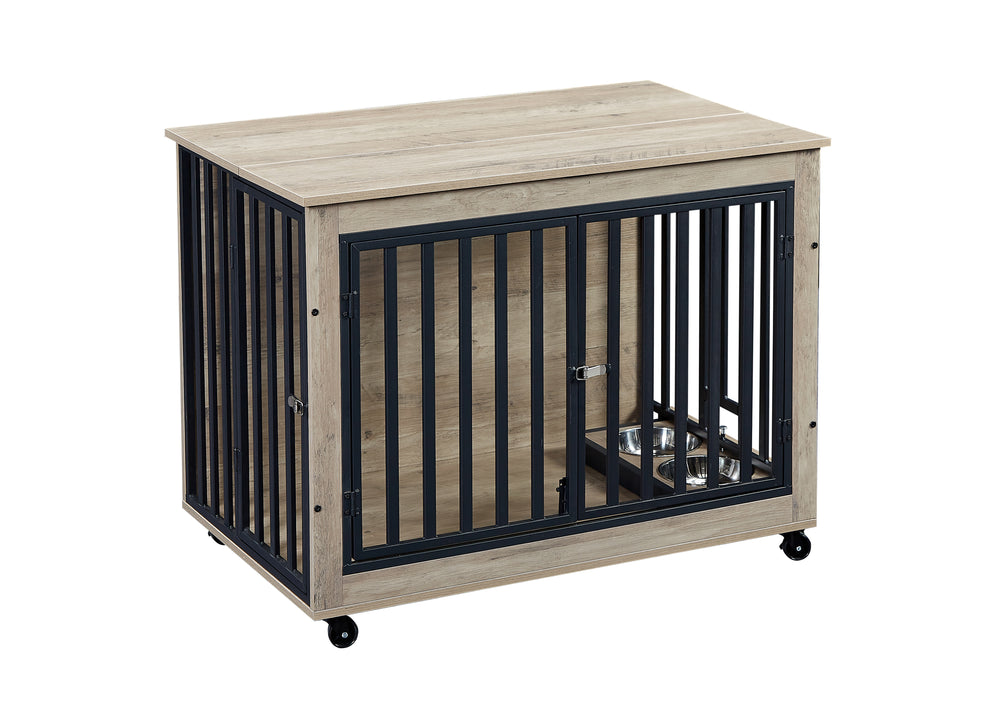 Chic Dog Crate Table with Feeding Bowl & Wheels