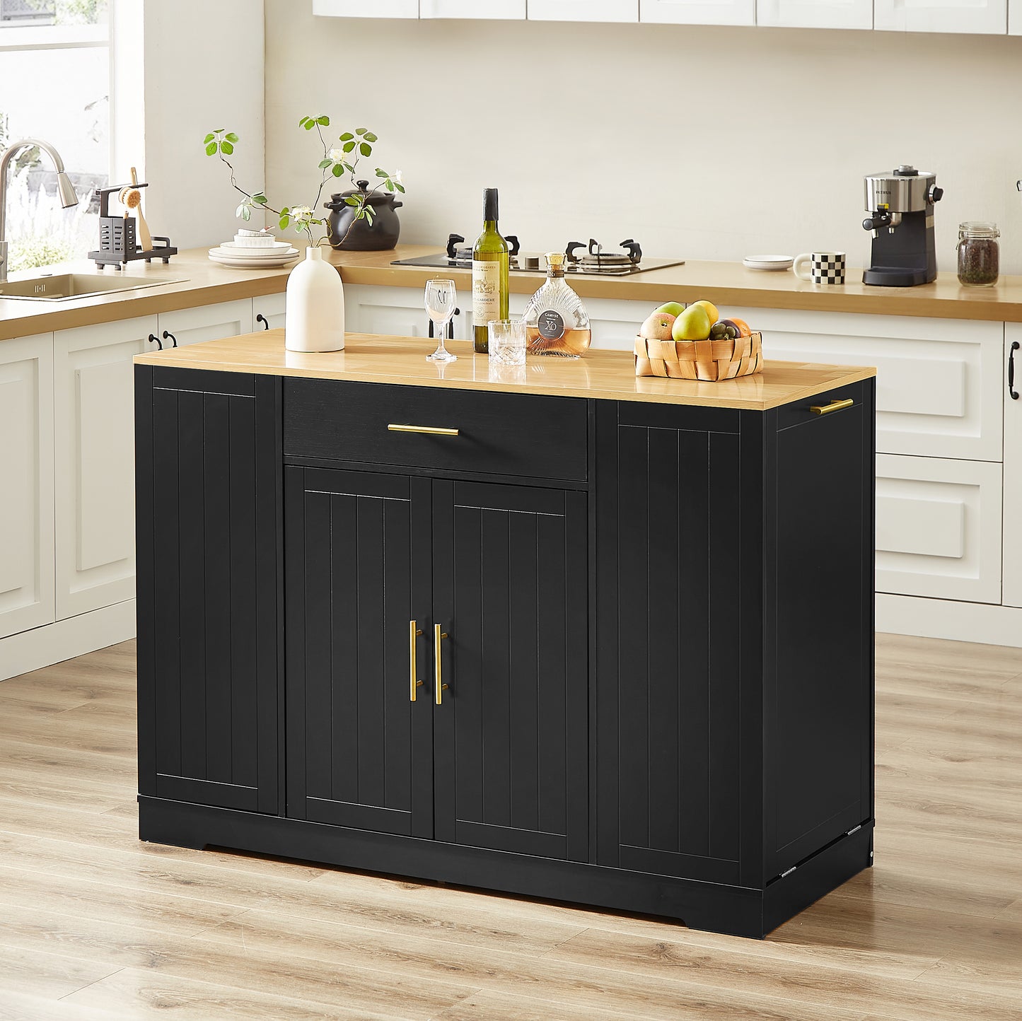 Stylish Kitchen Island with Trash Can Storage & Drawer