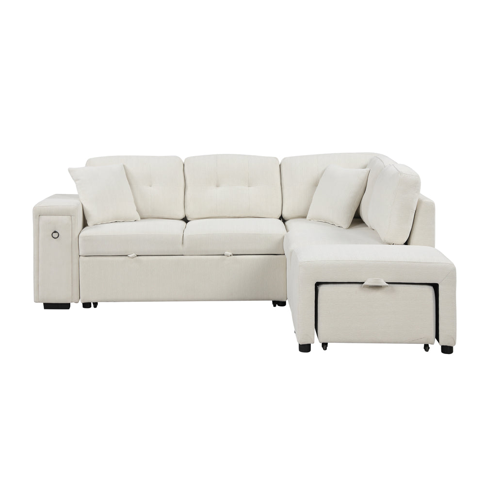 Haven L-Shaped Sofa Bed with Ottoman & USB Ports - Beige