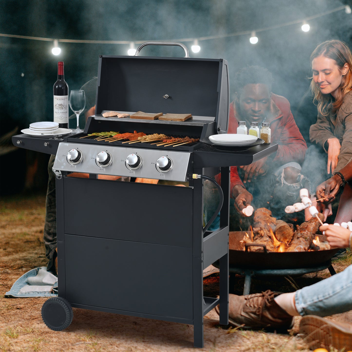 Stainless Steel 4-Burner Propane Grill with Shelves & Wheels