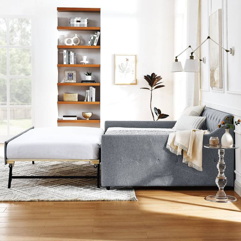 Linen Grey Daybed with Trundle and USB Charging