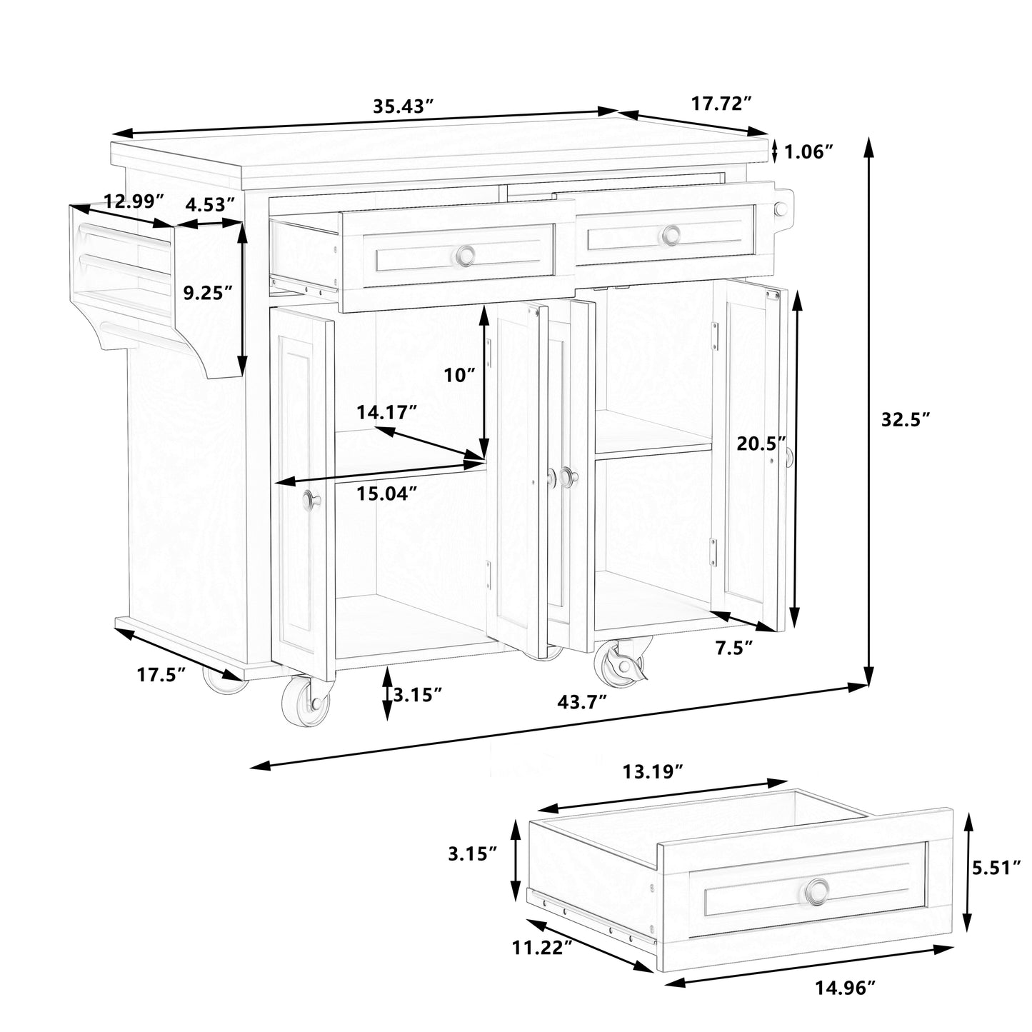 Versatile White Kitchen Island Cart with Storage & Locking Wheels