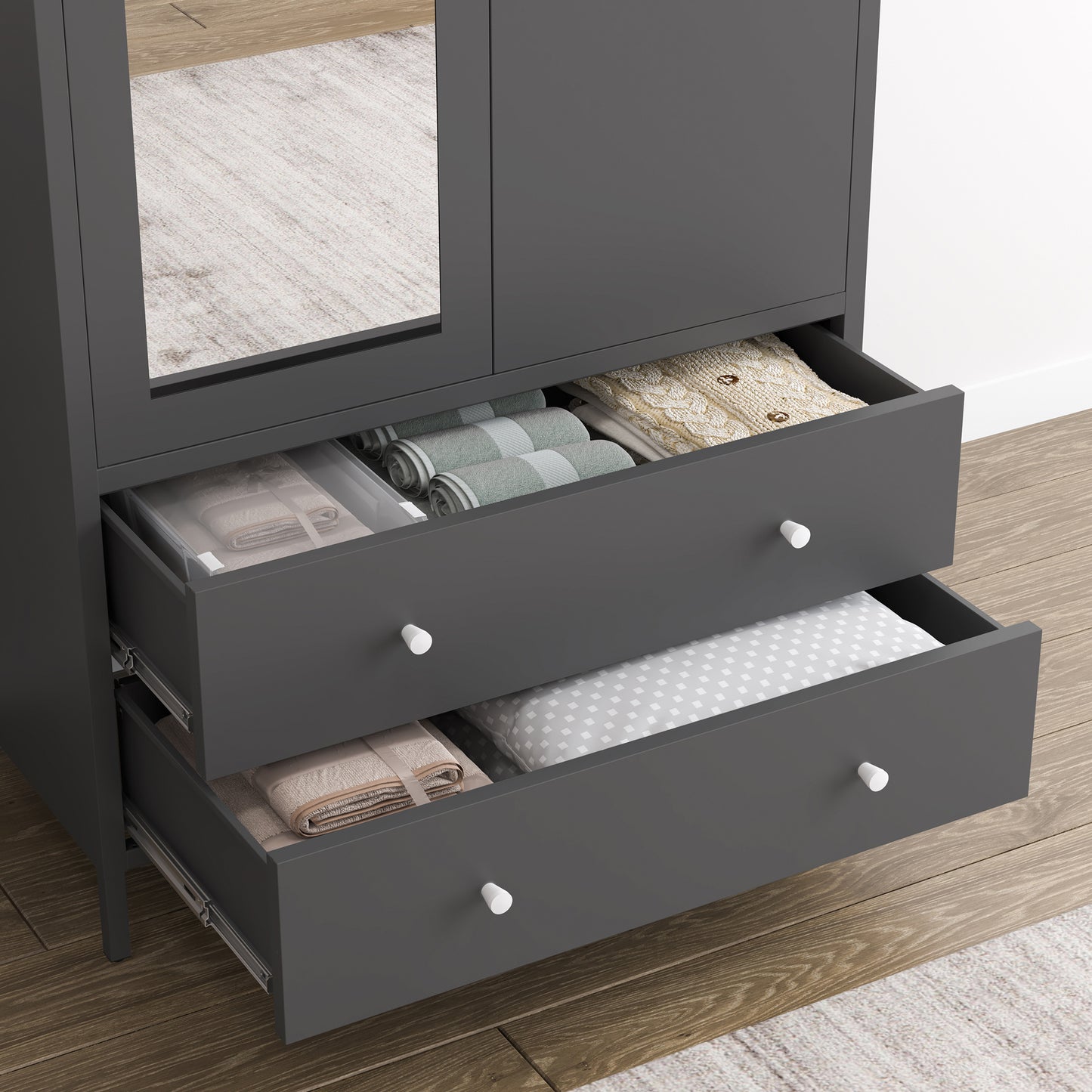 Sleek Metal Wardrobe with Mirror & Drawers