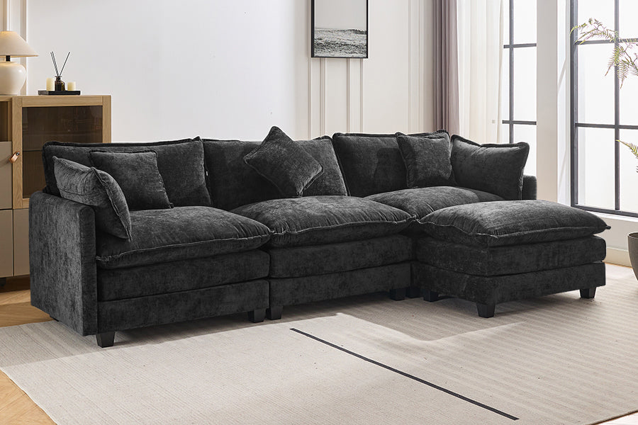 Chic L-Shape Chenille Sofa with Ottoman & Pillows