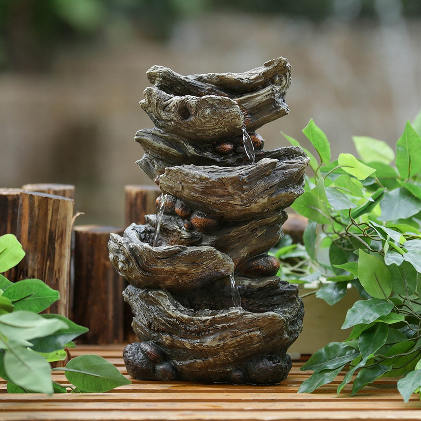 Charming Wood-Look Tabletop Fountain with LED Light