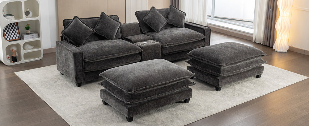 Cozy Black Chenille Sectional Sofa with Ottomans and USB Ports