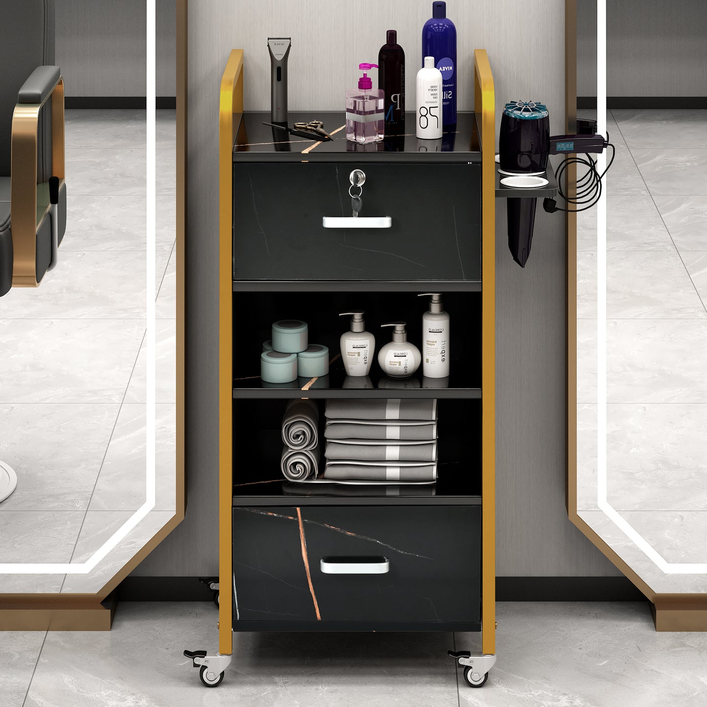 Sleek Salon Organizer with Hair Dryer Holders and Drawers