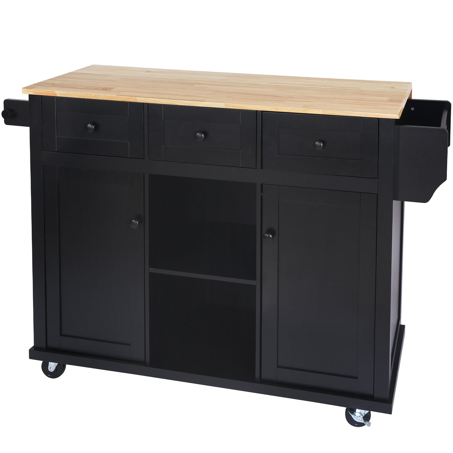 Versatile Black Kitchen Cart with Drop-Leaf Top and Storage Wheels