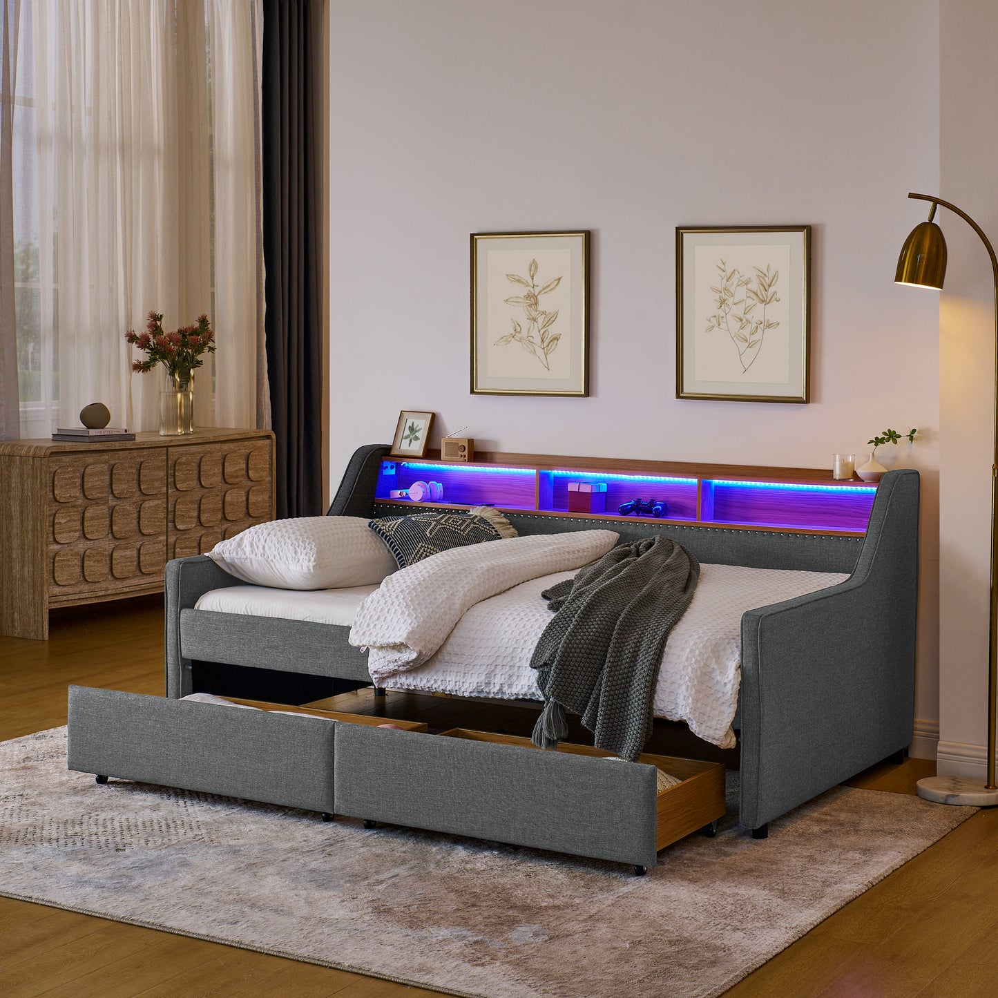 Cozy Grey Twin Sofa Bed with LED Lights & Storage Features