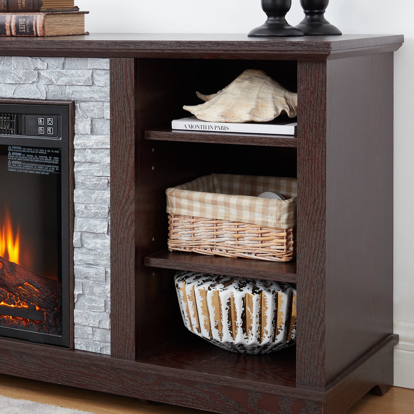 Cozy Cherry TV Stand with Faux Stone and Fireplace