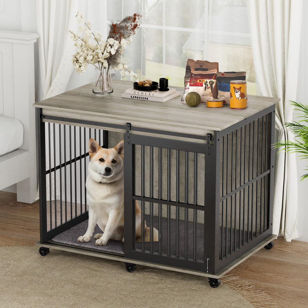 Stylish Dog Crate with Sliding Iron Door & Cozy Mat