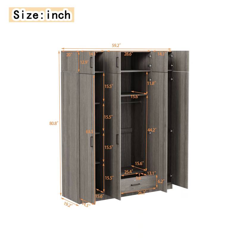 Stylish Gray Four-Door Wardrobe with Drawer and Cabinet