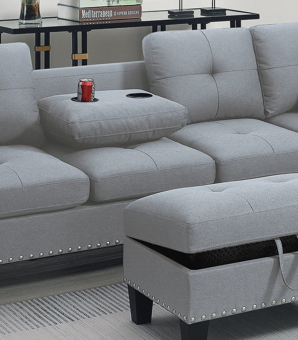 Cozy Taupe Grey Sectional Sofa Set with Storage Ottoman & Cup Holders