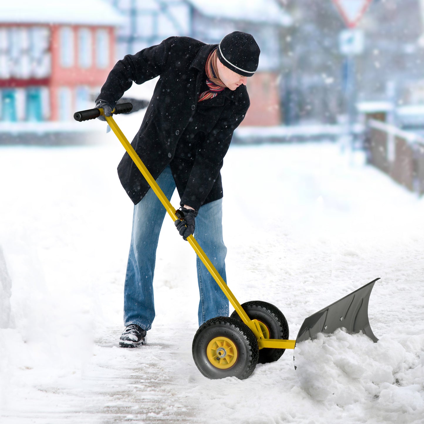 Wheeled Snow Pusher with Adjustable Handle