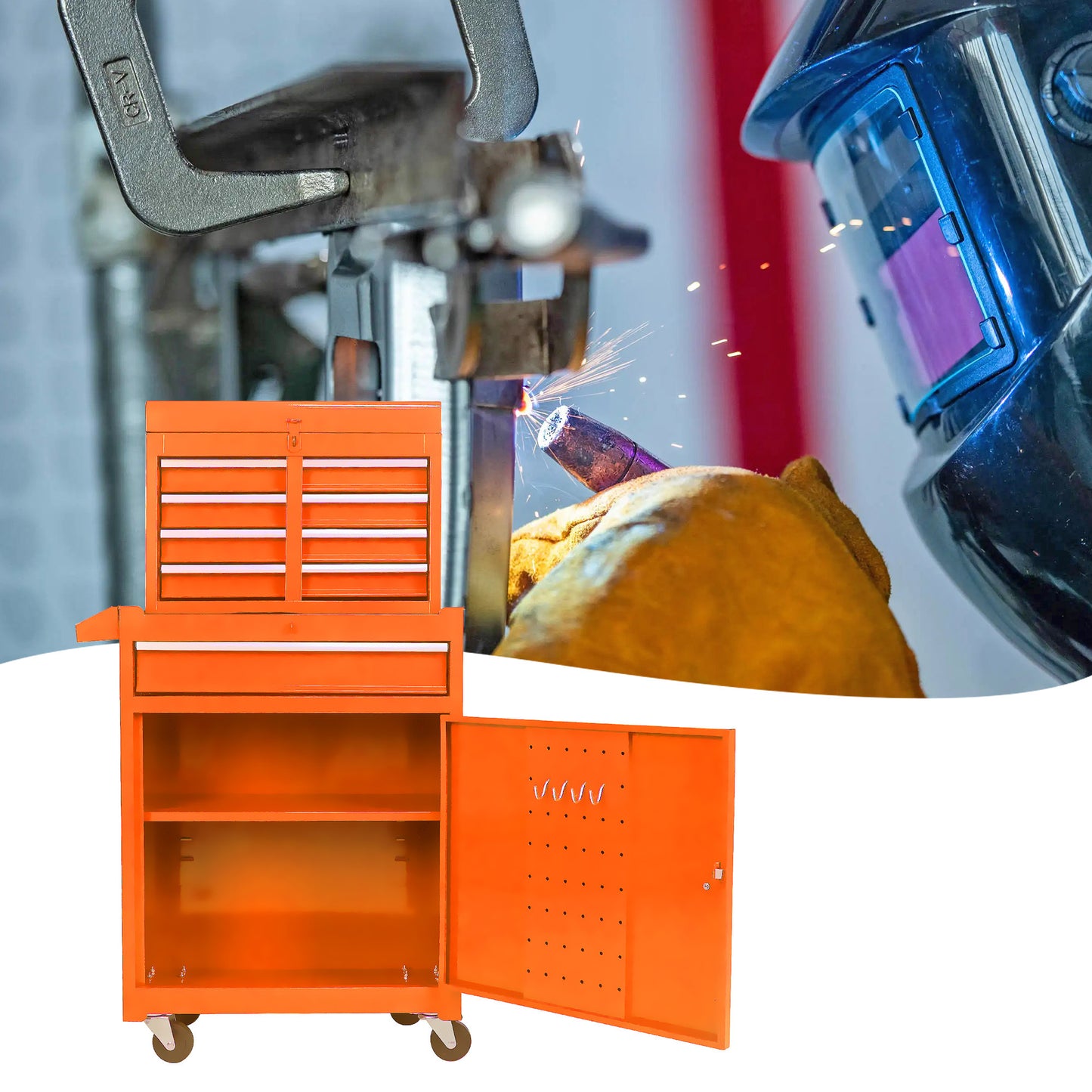 Orange Tool Chest with Detachable Drawers and Adjustable Shelf