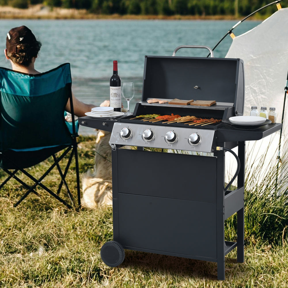 Stainless Steel 4-Burner Propane Grill with Shelves & Wheels