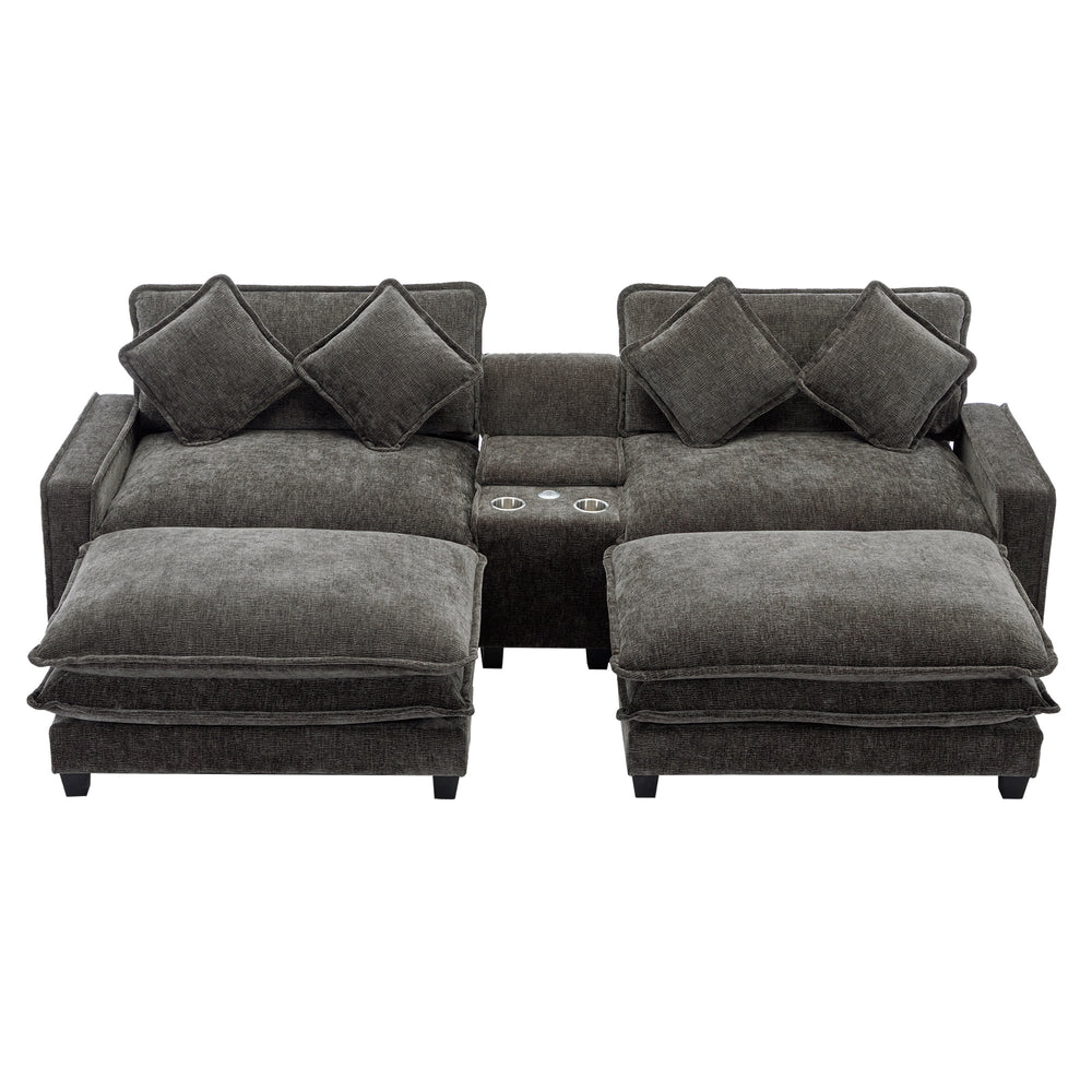 Cozy Black Chenille Sectional Sofa with Ottomans and USB Ports