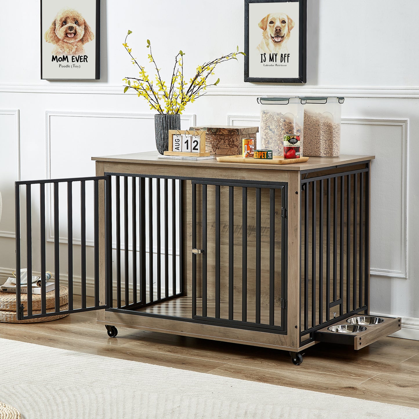 Chic Pet Crate & Side Table with Wheels & Bowls