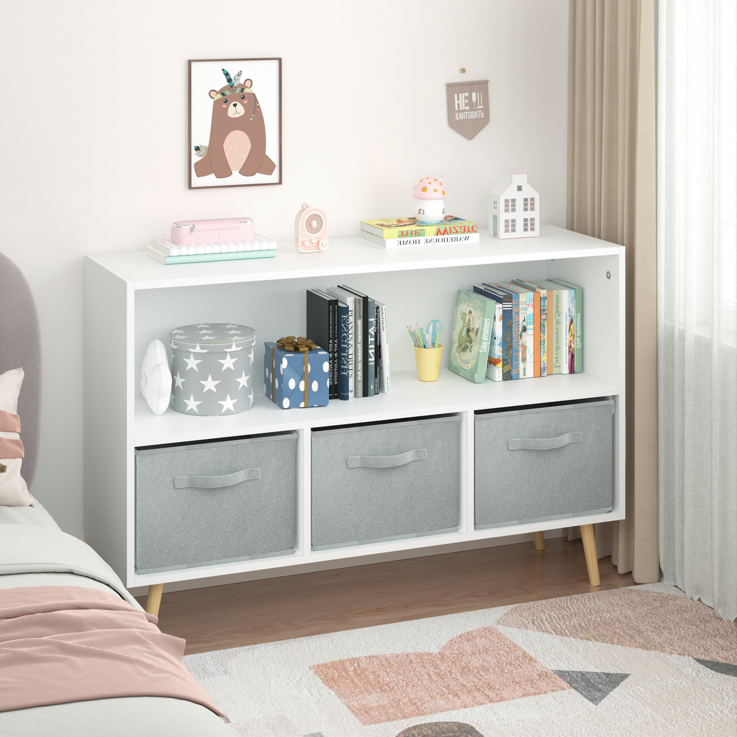 Cozy Kids Bookcase with Fun Fabric Bins