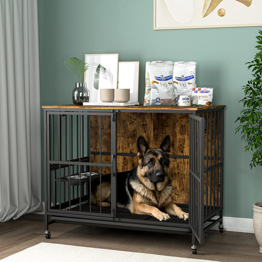 Stylish Dog Crate with Adjustable Feeder and Removable Tray