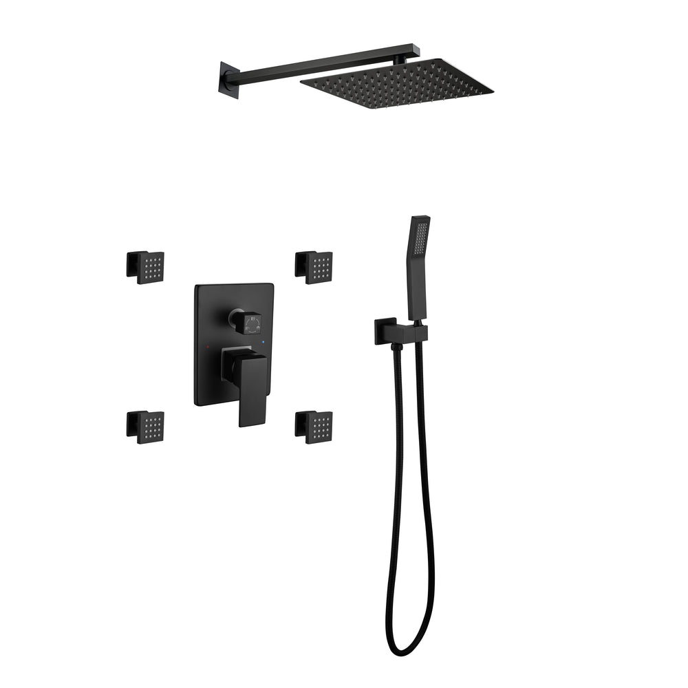 Luxury Matte Black Rainfall Shower Set with Body Jets and Handheld Wand