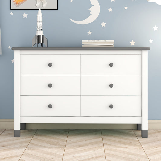 Charming Kids' Wooden Dresser with Six Drawers - White & Gray Storage Delight