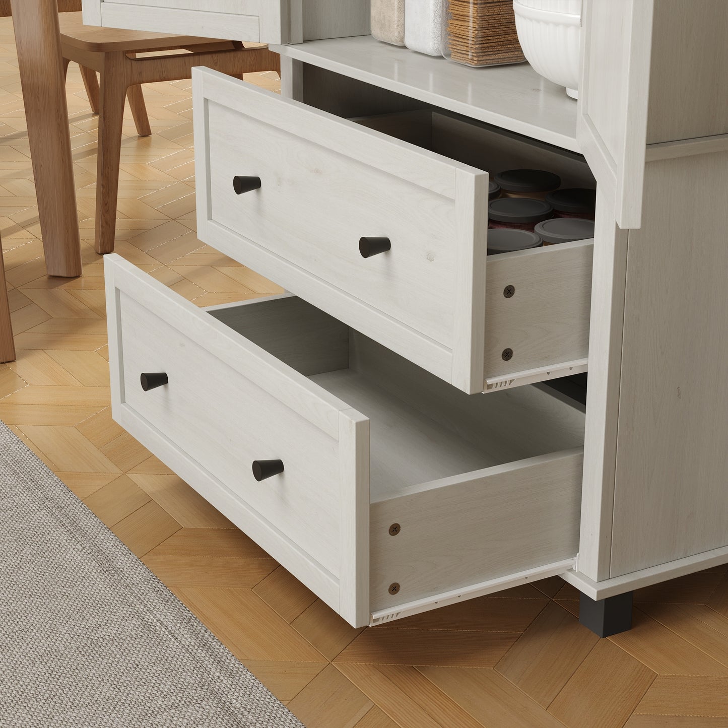 Elegant Pantry Storage Cabinet with Drawers and Shelves in Antique White