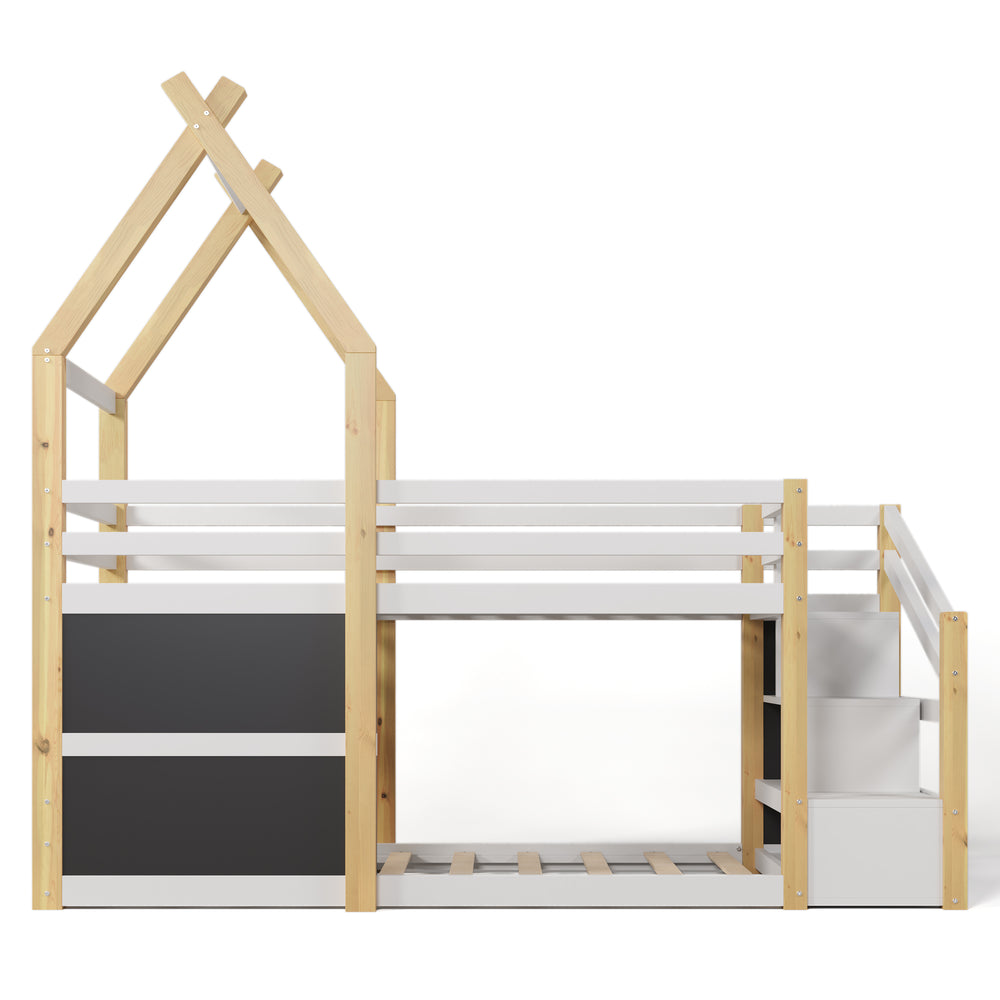 Cozy Twin House Bunk Bed with Storage Steps & 2 Fun Blackboards