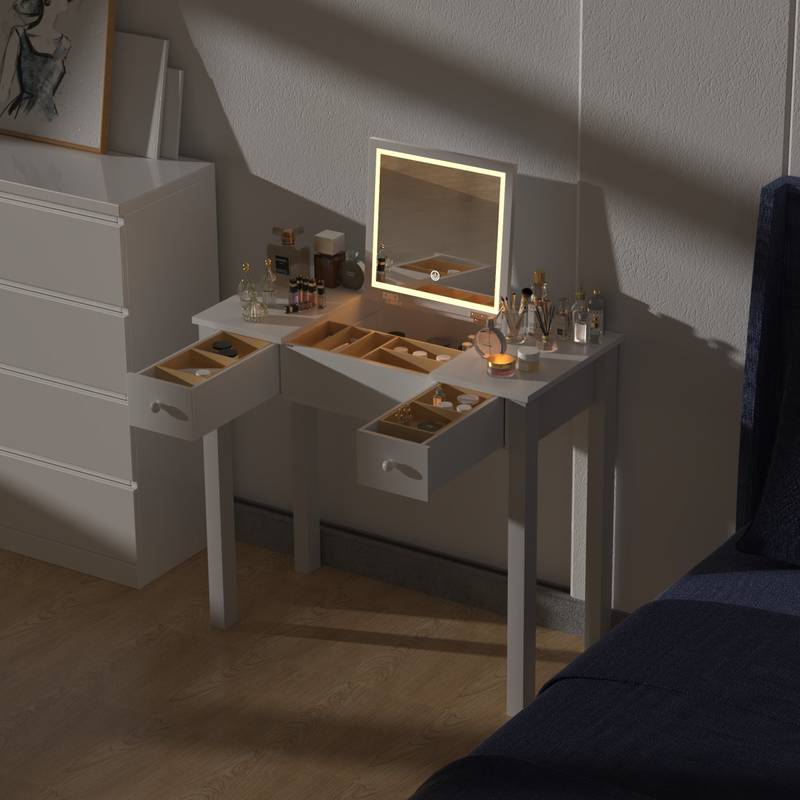 Glamorous Glow Vanity with Flip Mirror & Jewelry Storage