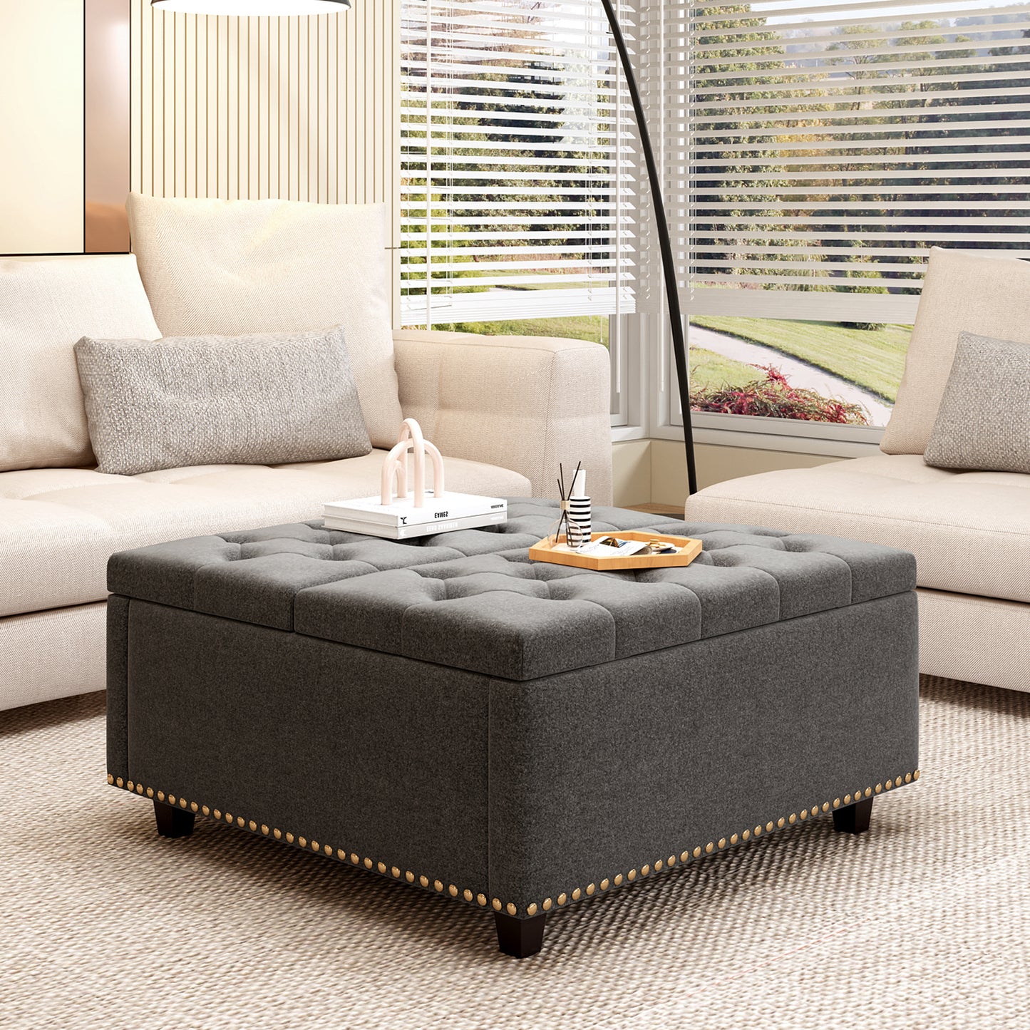 Sleek Storage Ottoman with Chic Nailhead Design