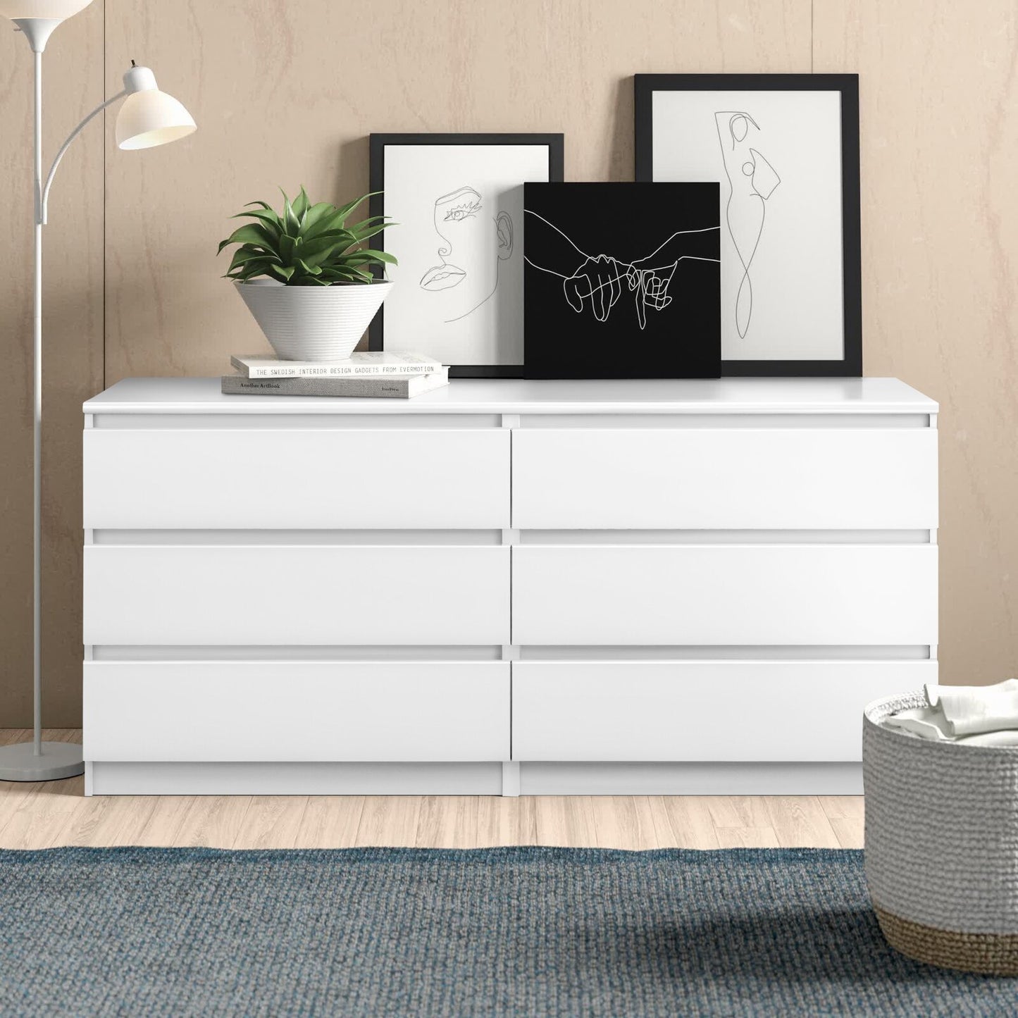 Chic White Double Dresser with Six Drawers