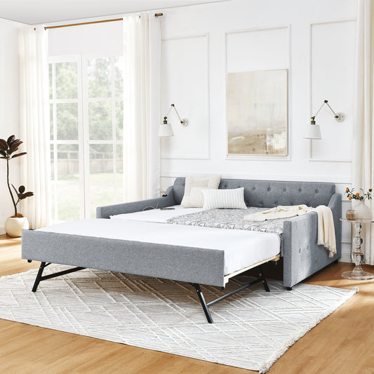 Linen Grey Daybed with Trundle and USB Charging